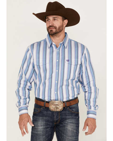 Panhandle Select Men's Serape Stripe Long Sleeve Snap Western Shirt , Blue, hi-res