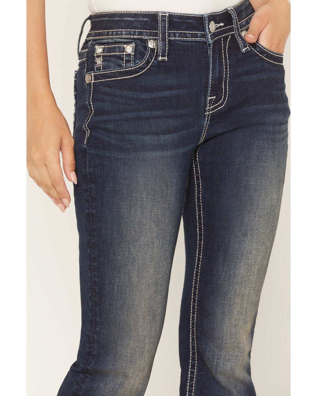 Image #4 - Miss Me Women's Dark Wash Mid Rise Cow Print Pocket 32" Bootcut Stretch Denim Jeans, Dark Wash, hi-res