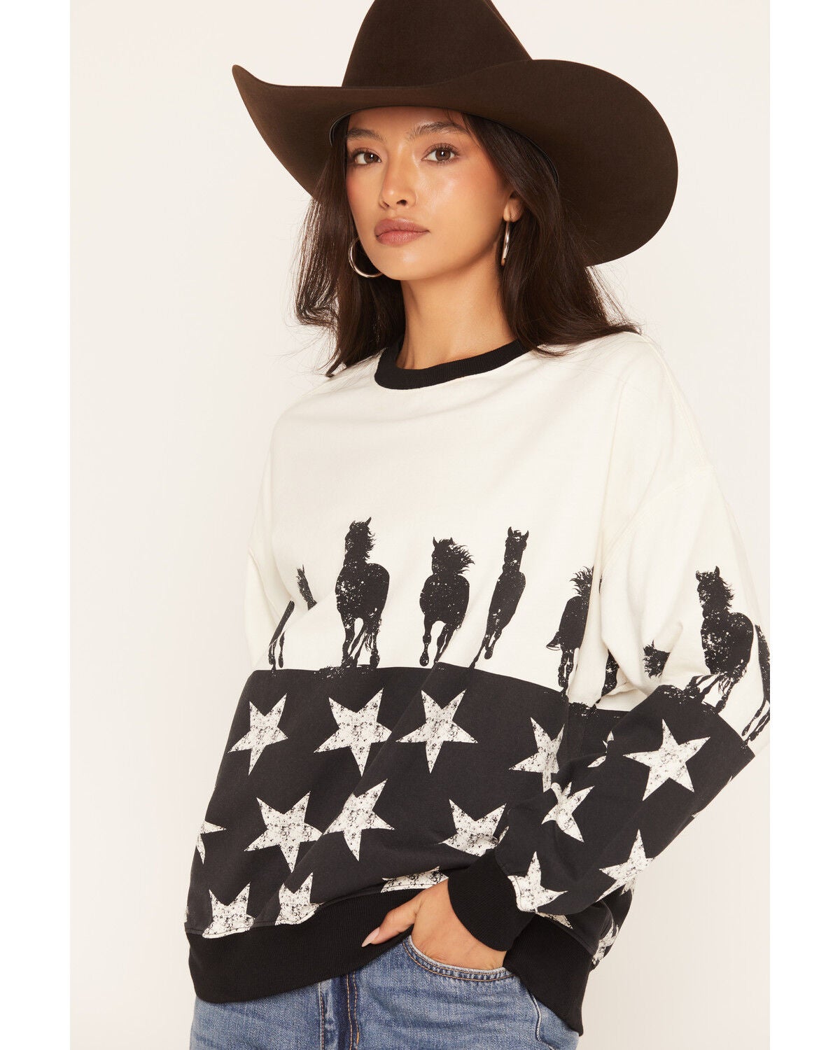 Image #2 - Rock & Roll Denim Women's Horse and Stars Crew Neck Sweatshirt, Ivory, hi-res