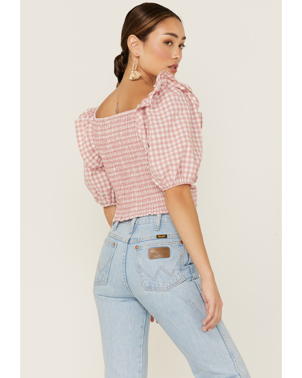 Image #3 - Beyond The Radar Women's Gingham Crop Cinch Detail Top, Blush, hi-res