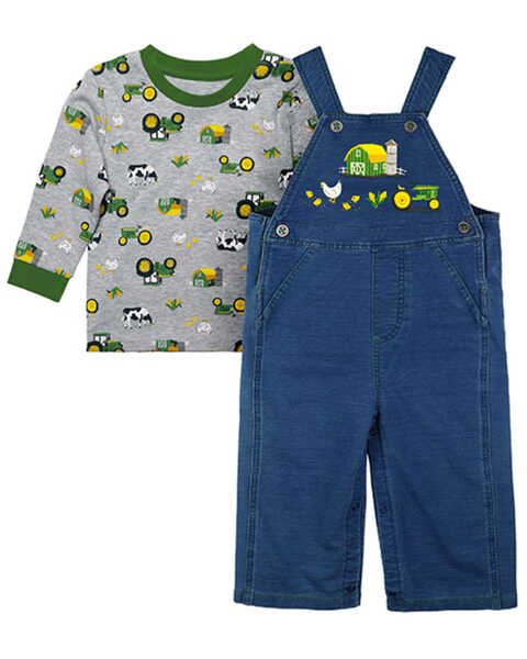 John Deere Infant Boys' Tractor Farm Print Long Sleeve T-Shirt & Embroidered Denim Overalls Set - 2-Piece, Grey, hi-res