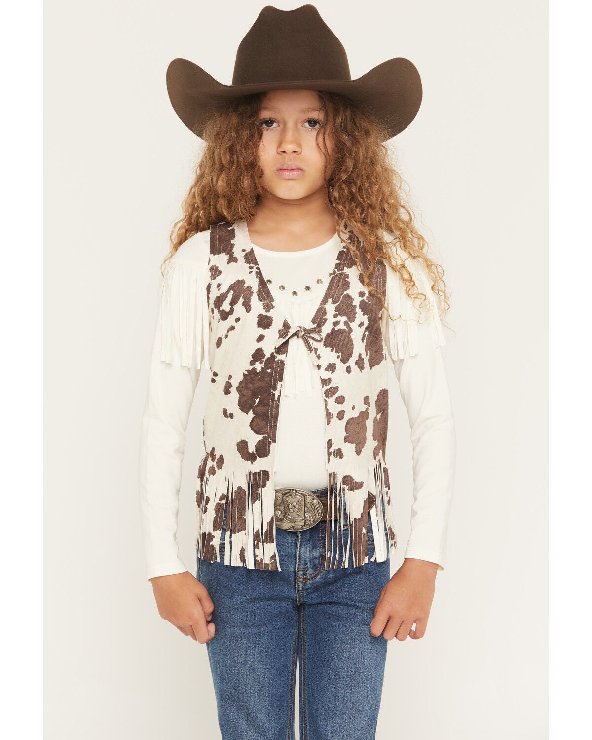 Shyanne Girls' Cora Cow Print Faux Suede Tie Vest, Brown, hi-res