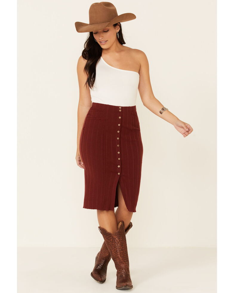Shyanne Women's Chocolate Button Front Knit Midi Skirt, Chocolate, hi-res