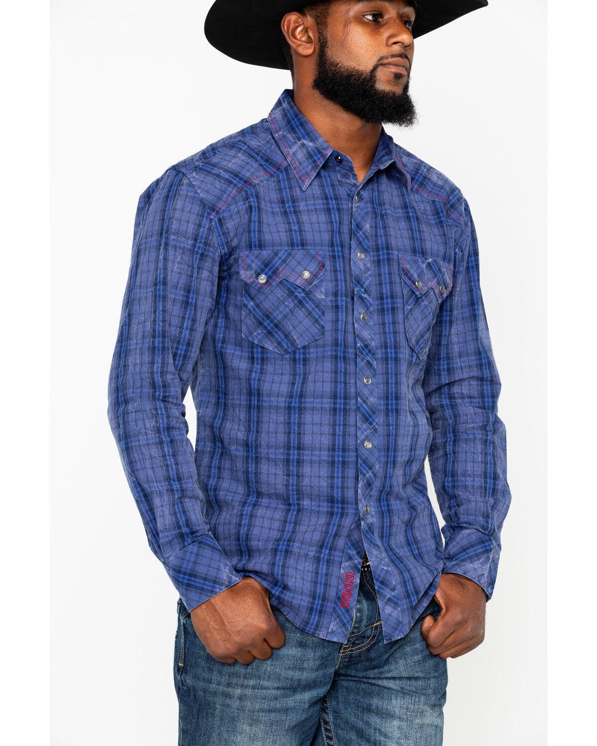 Image #5 - Rock & Roll Denim Men's Plaid Print Long Sleeve Western Shirt, Light Blue, hi-res