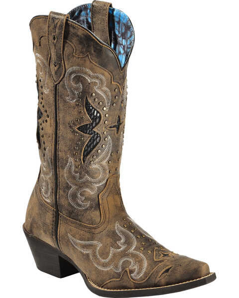 Image #1 - Laredo Women's Lucretia Studded Snake Inlay Western Boots - Snip Toe, Brown, hi-res