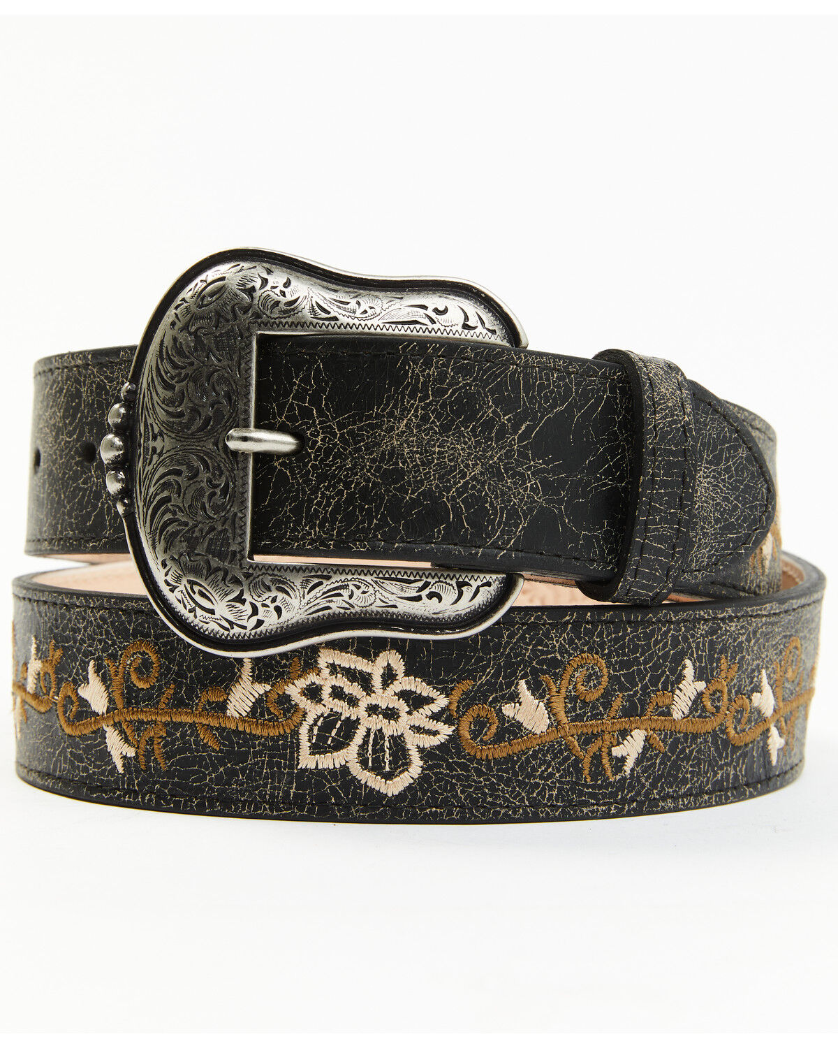 Image #1 - Shyanne Women's Floral Cream Embroidery Black Western Belt, Black, hi-res