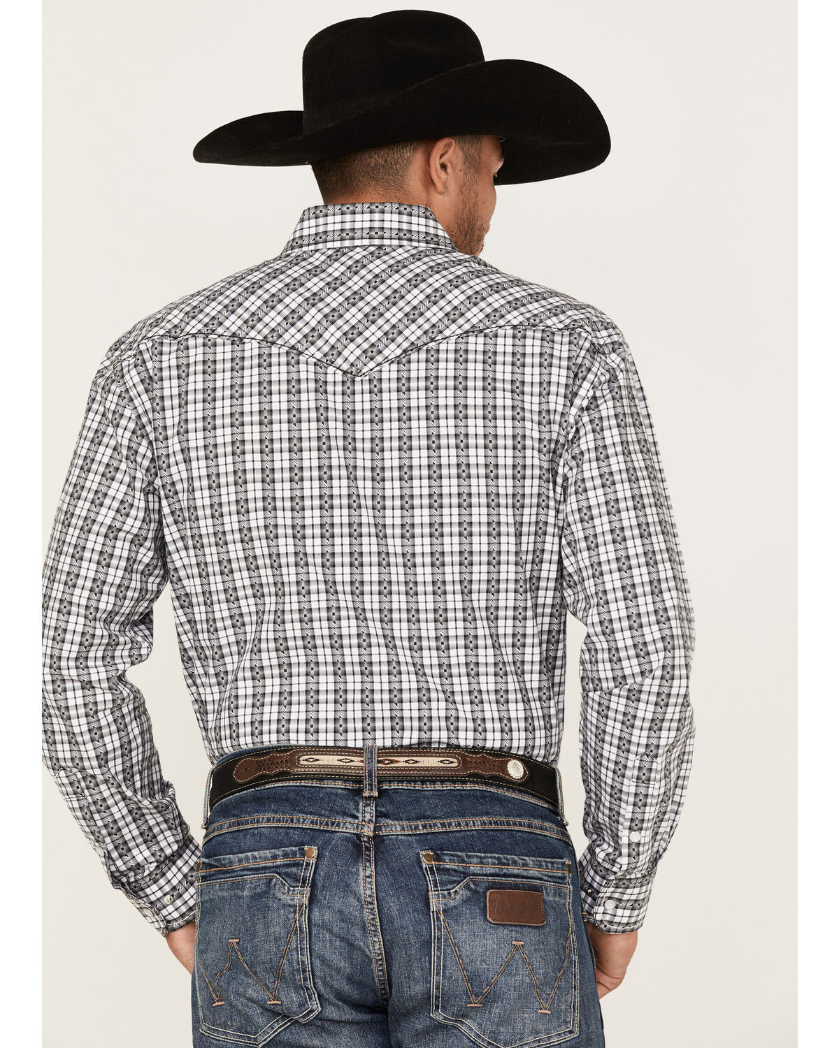 Image #4 - Rough Stock By Panhandle Men's Dobby Small Plaid Print Long Sleeve Pearl Snap Western Shirt, White, hi-res
