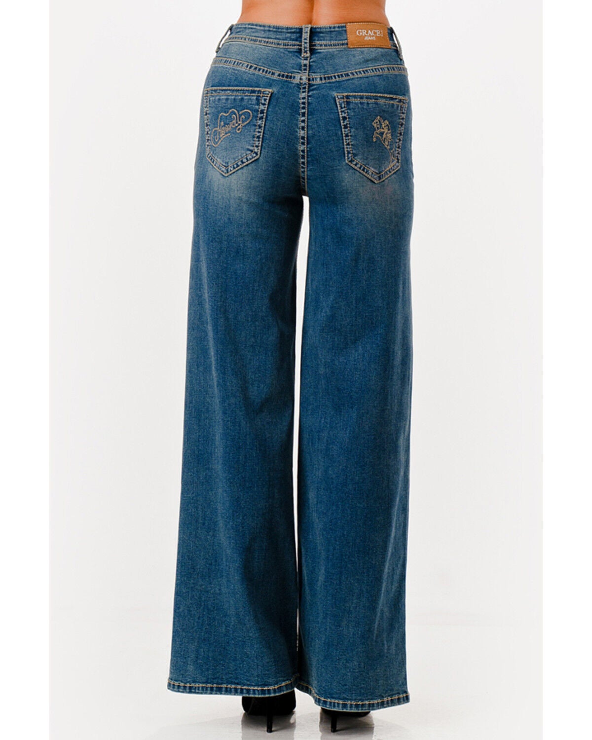 Grace in LA Women's  Medium Wash High Rise Horse Pocket 32" Trouser Stretch Denim Jeans, Medium Wash, hi-res
