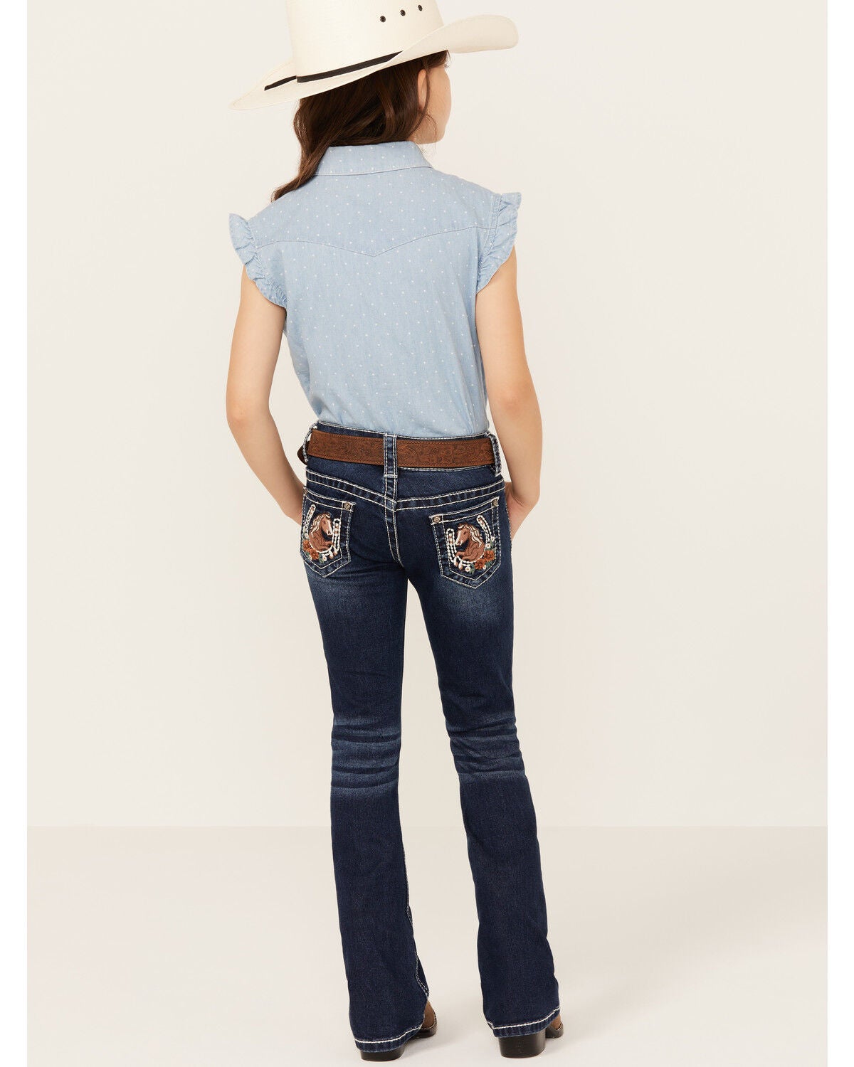 Shyanne Little Girls' Dark Wash Horseshoe Pocket Bootcut Stretch Denim Jeans, Medium Wash, hi-res