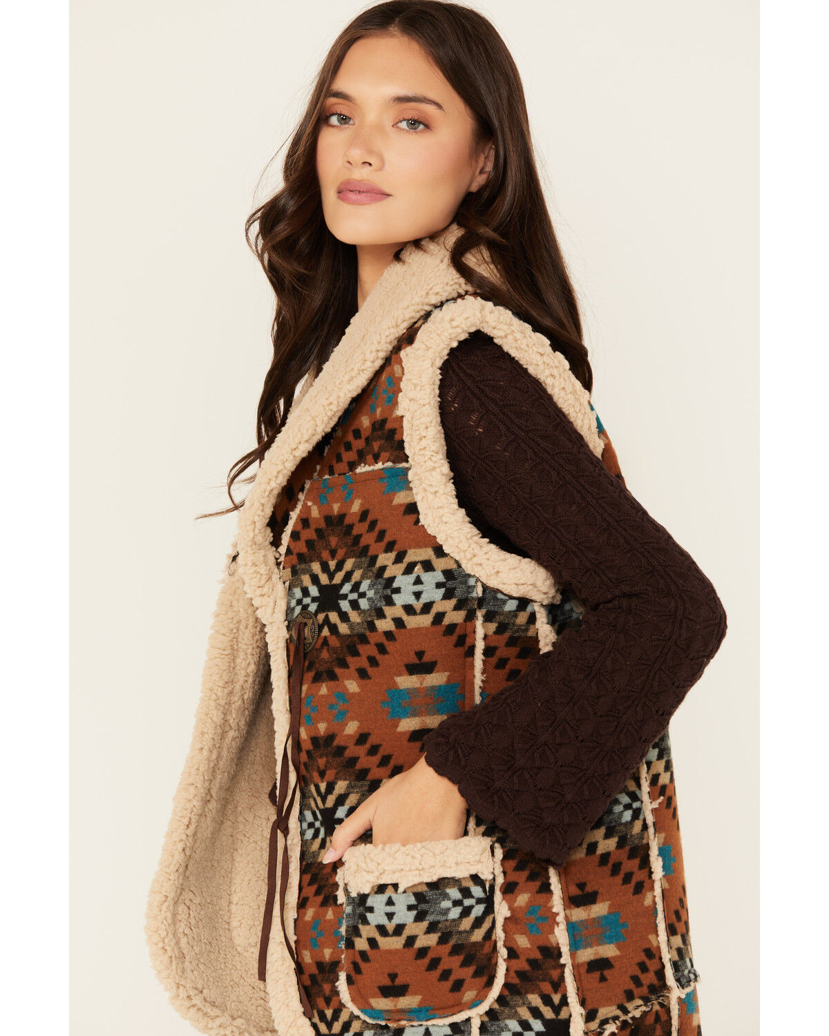 Image #2 - Cotton & Rye Women's Southwestern Print Sherpa Lined Vest, Rust, hi-res
