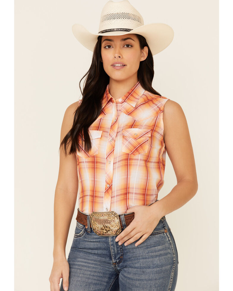 Ely Walker Women's Coral Plaid Sleeveless Snap Western Core Shirt , Coral, hi-res
