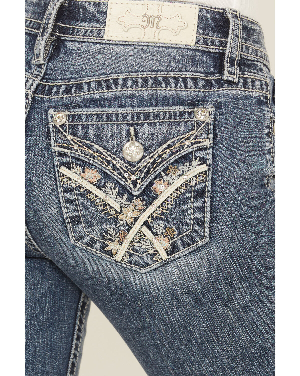 Image #2 - Miss Me Women's Medium Wash Mid Rise Bootcut Floral Pocket Stretch Denim Jeans, Medium Wash, hi-res