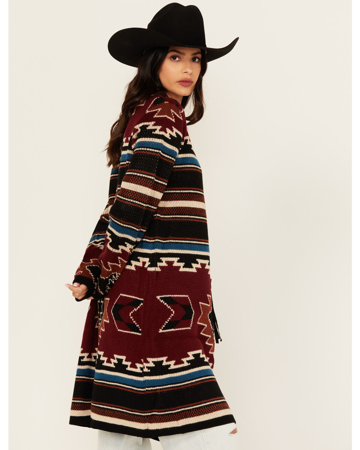 Image #2 - Cotton & Rye Women's Southwestern Print Long Concho Cardigan, Burgundy, hi-res