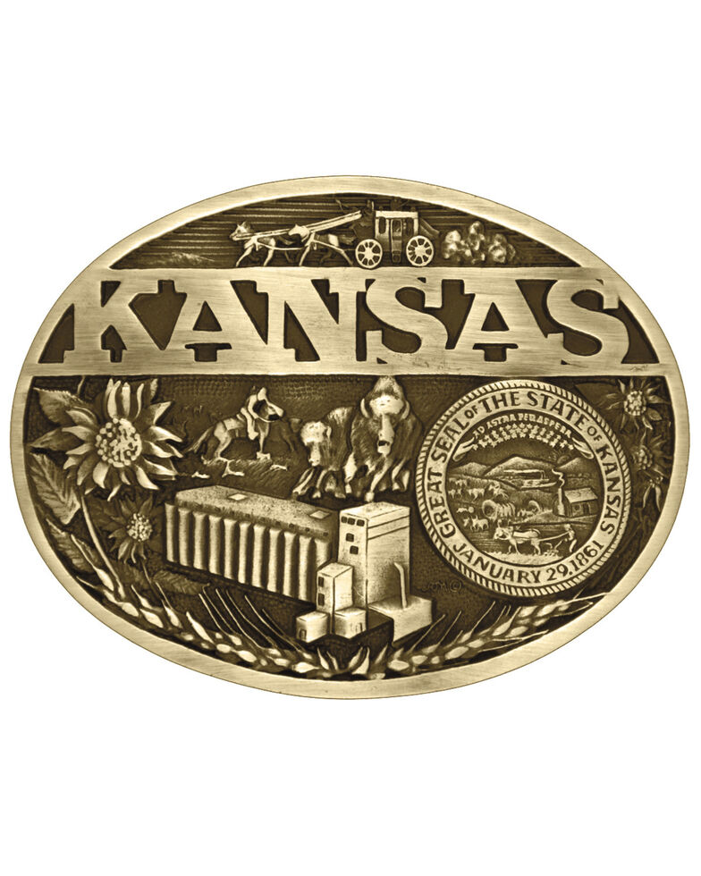 Montana Silversmiths Kansas State Heritage Attitude Belt Buckle, Gold, hi-res