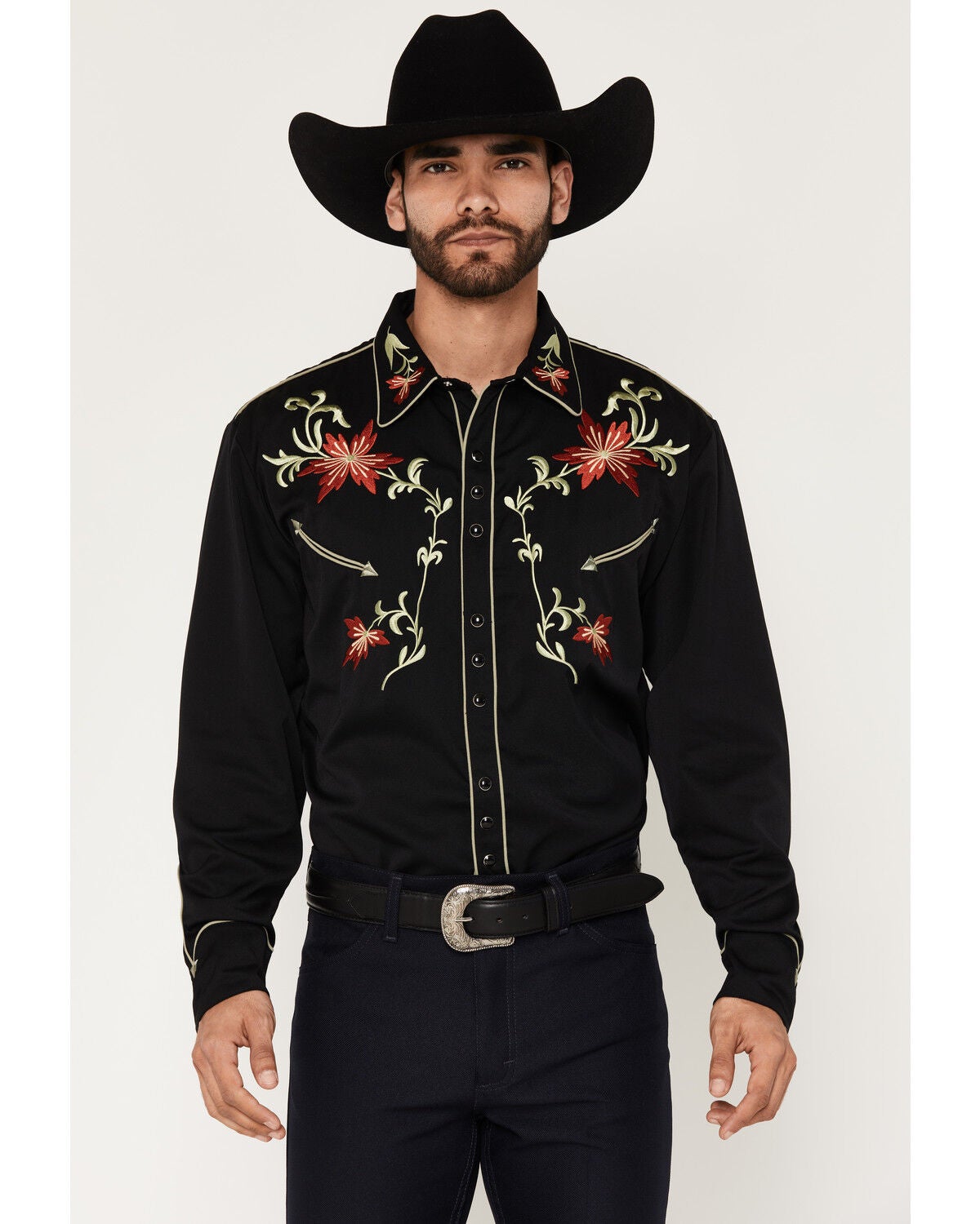 Scully Men's Floral Embroidered Vintage Long Sleeve Snap Western Shirt, Black, hi-res