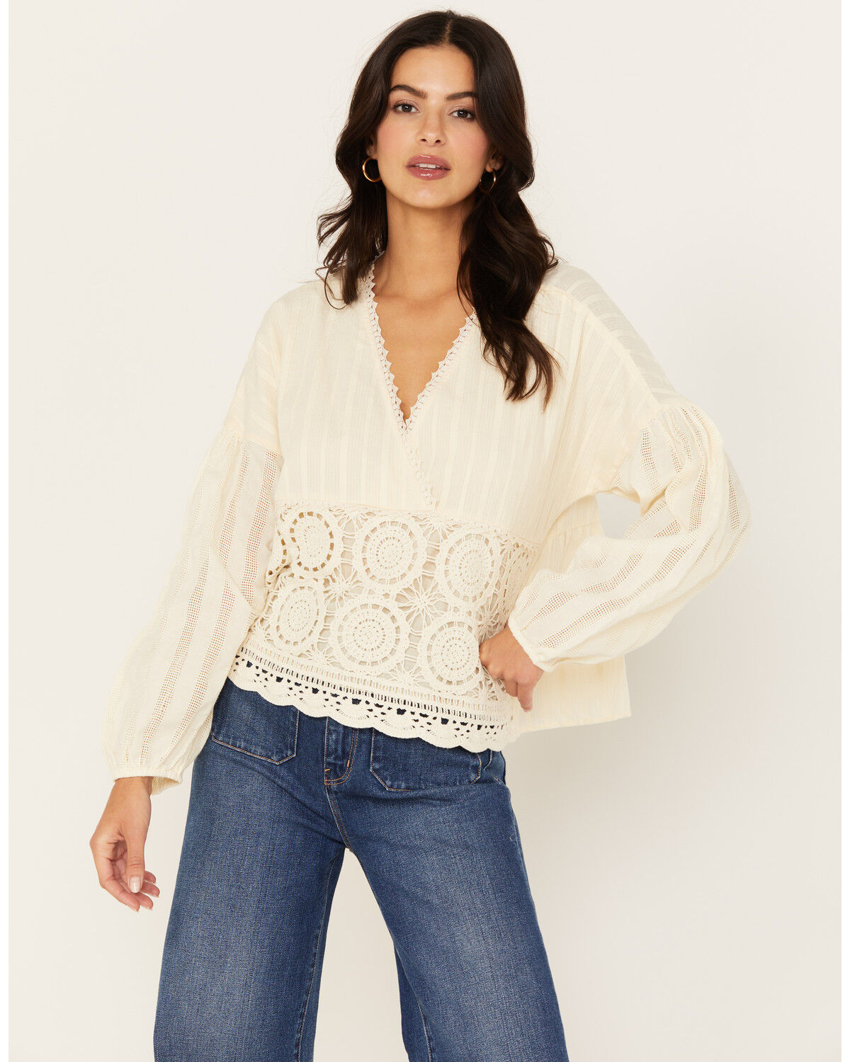 Image #2 - Miss Me Women's Crochet Long Sleeve Top, Cream, hi-res