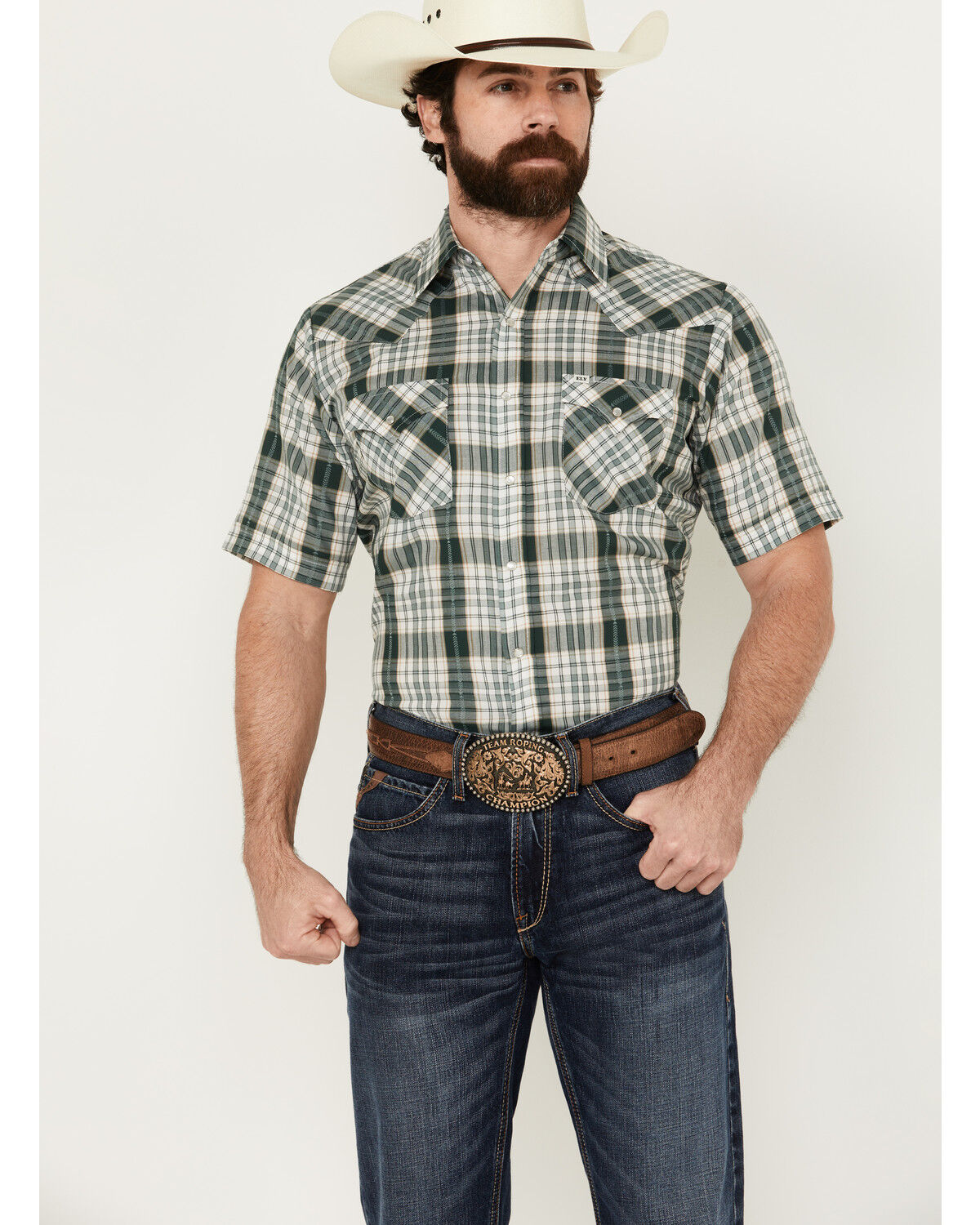 Image #1 - Ely Walker Men's Dobby Plaid Print Short Sleeve Snap Western Shirt, Green, hi-res