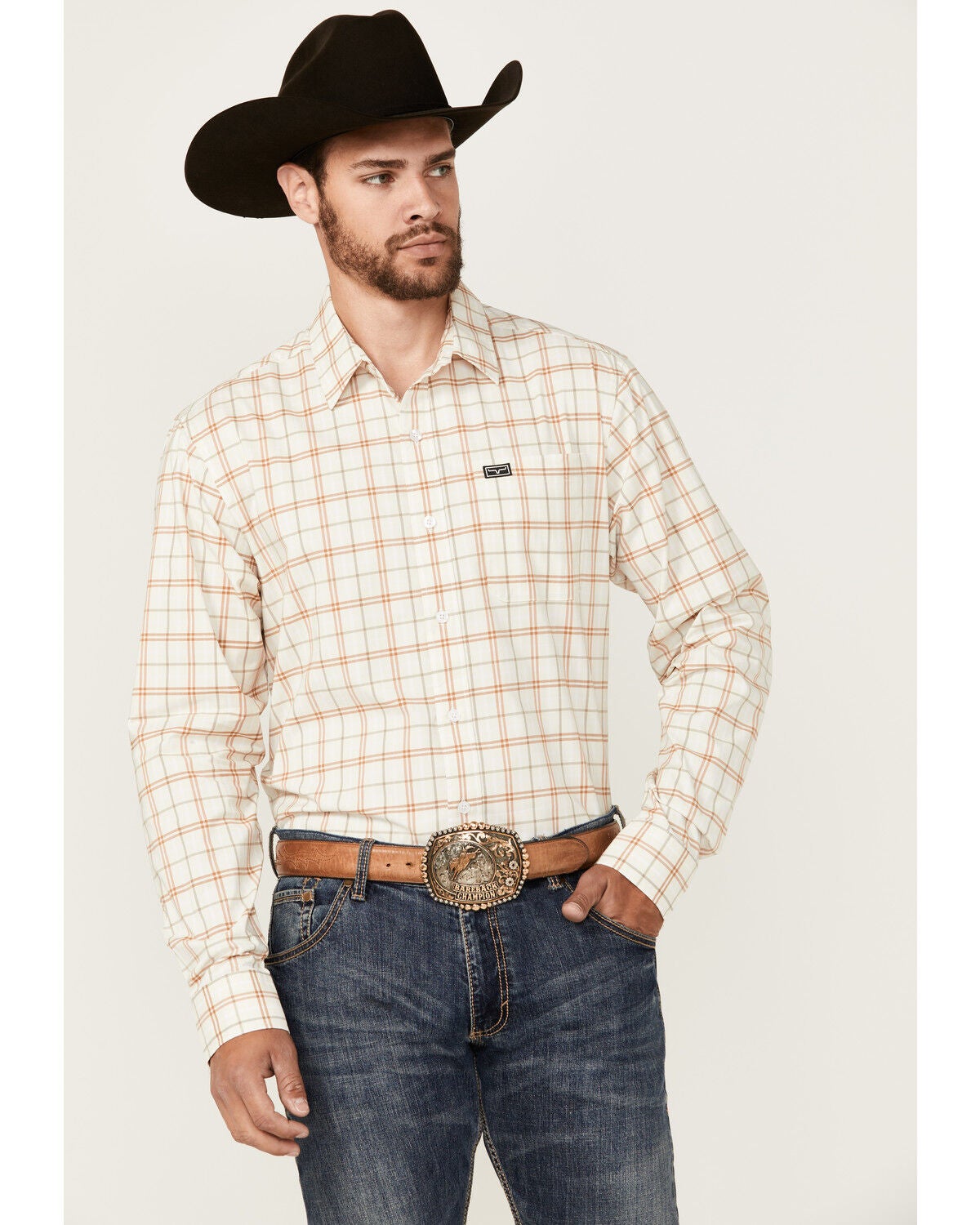 Kimes Ranch Men's Lucas Plaid Print Long Sleeve Button-Down Performance Western Shirt, Natural, hi-res
