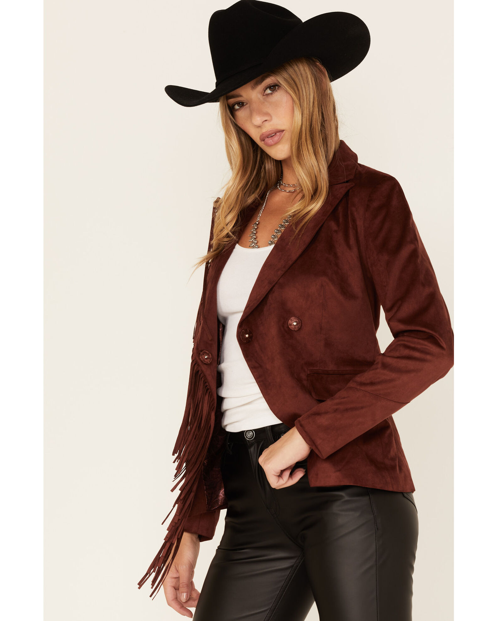 Image #2 - Shyanne Women's Fringe Faux Suede Blazer, Chestnut, hi-res