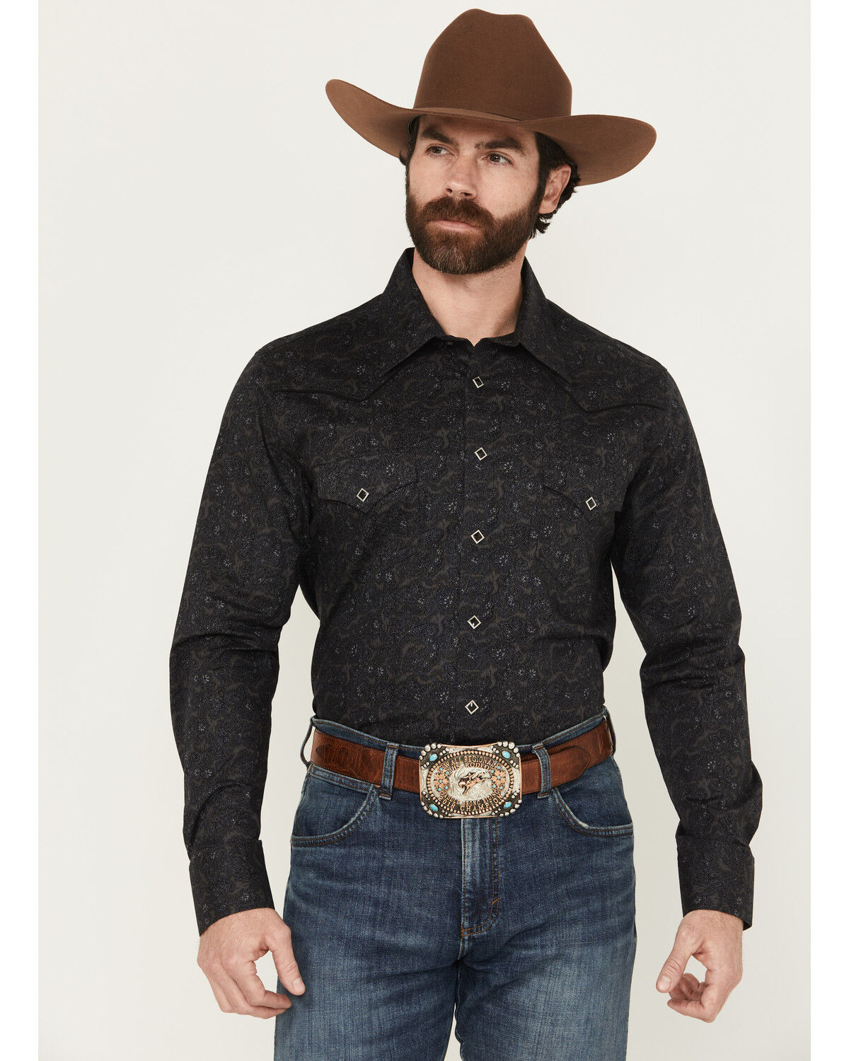 Image #1 - Rock & Roll Denim Men's Paisley Print Long Sleeve Snap Stretch Western Shirt, Black, hi-res