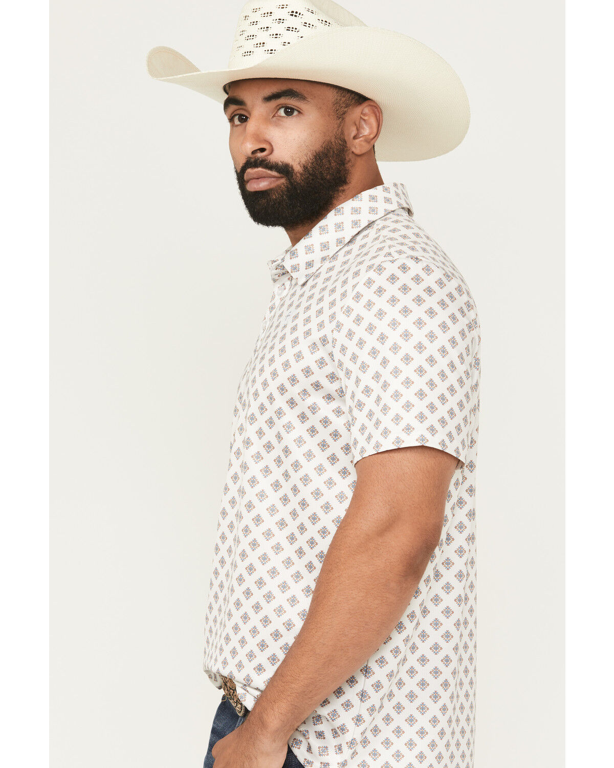 Image #2 - Rock & Roll Denim Men's Geo Print Short Sleeve Button-Down Stretch Polo Shirt, Natural, hi-res