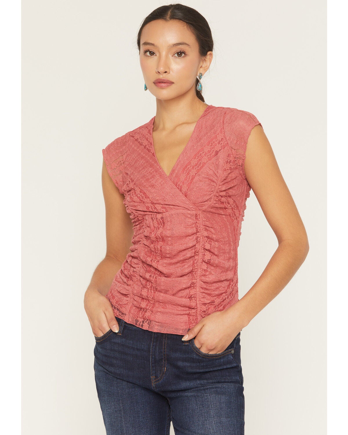 Shyanne Women's Lizlane Lace Short Sleeve Shirt, Dark Pink, hi-res