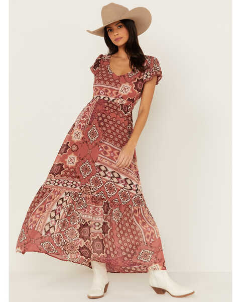 Shyanne Women's Printed Chiffon Short Sleeve Maxi Dress, Rust Copper, hi-res