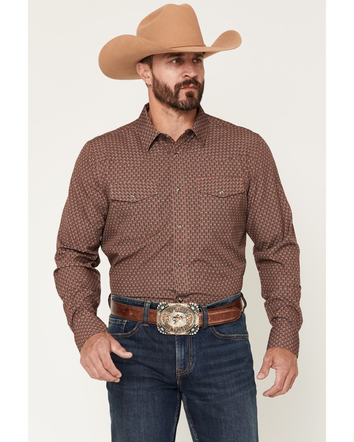 RANK 45&reg; Men's Geotastic Geo Print Rodeo Tech 2.0 Long Sleeve Snap Stretch Performance Western Shirt, Brown, hi-res