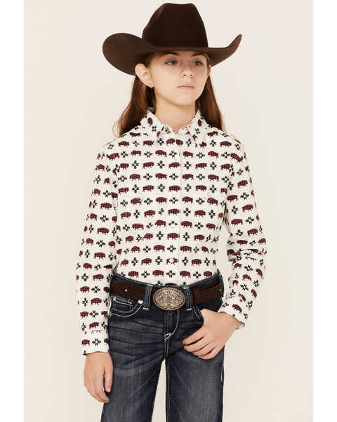Image #1 - Rock & Roll Denim Girls' Southwestern Buffalo Print Pearl Snap Western Shirt, Natural, hi-res