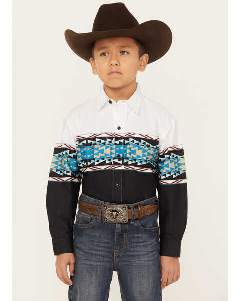 Roper Boys' Vintage Southwestern Border Print Long Sleeve Western Snap Shirt, Black, hi-res
