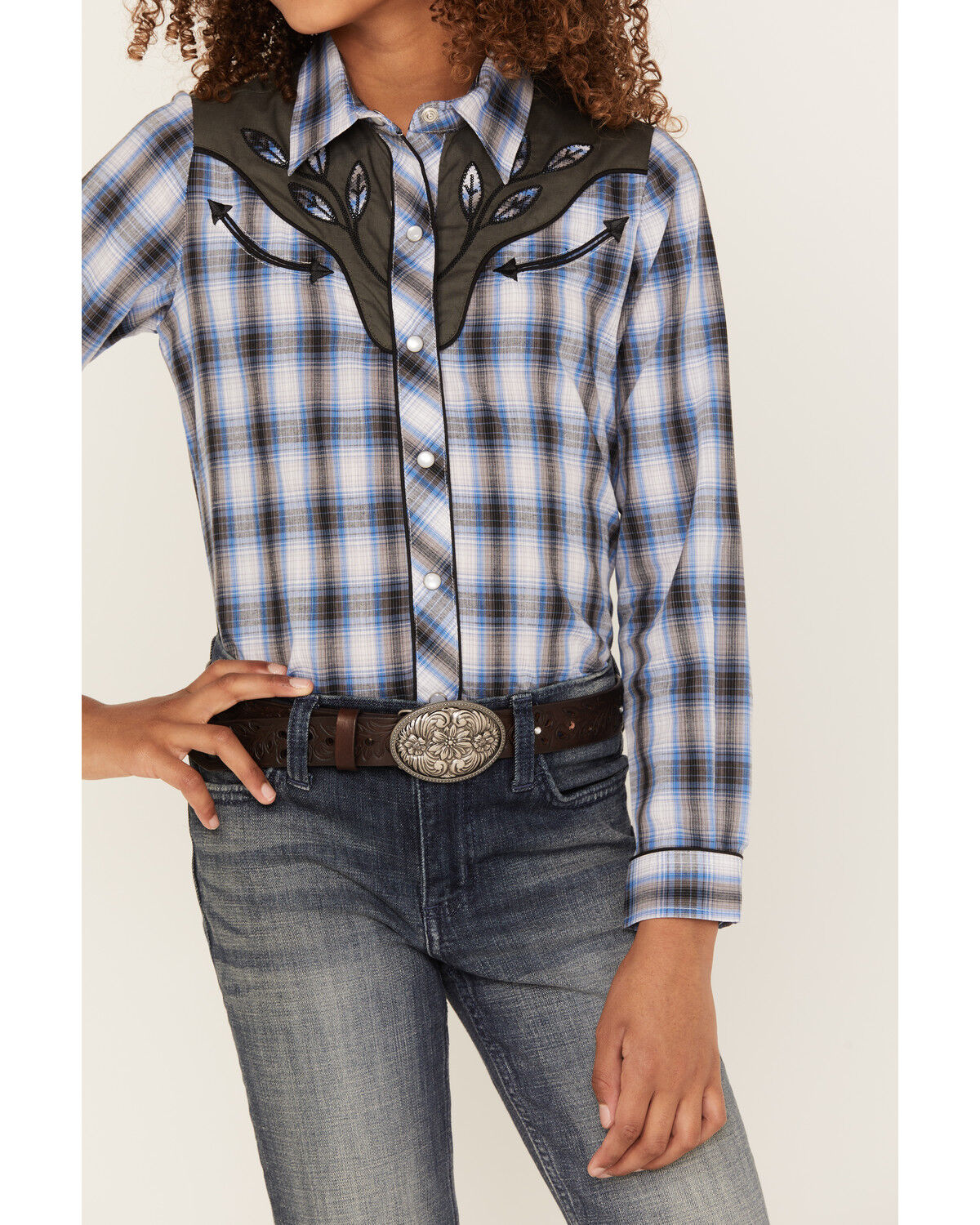 Image #3 - Roper Girls' Plaid Print Embroidered Yoke Long Sleeve Pearl Snap Western Shirt, Blue, hi-res