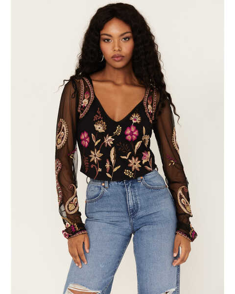 Free People Women's Florence Embroidered Floral Mesh Top, Black, hi-res