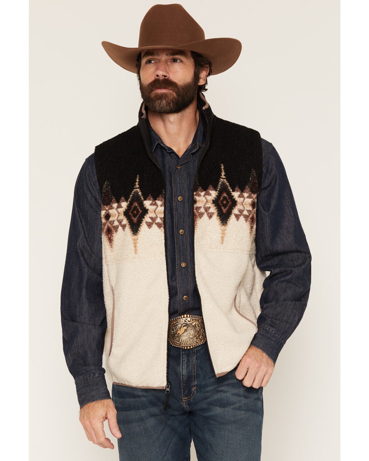 Panhandle Slim Men's Southwestern Border Print Berber Vest, Black, hi-res