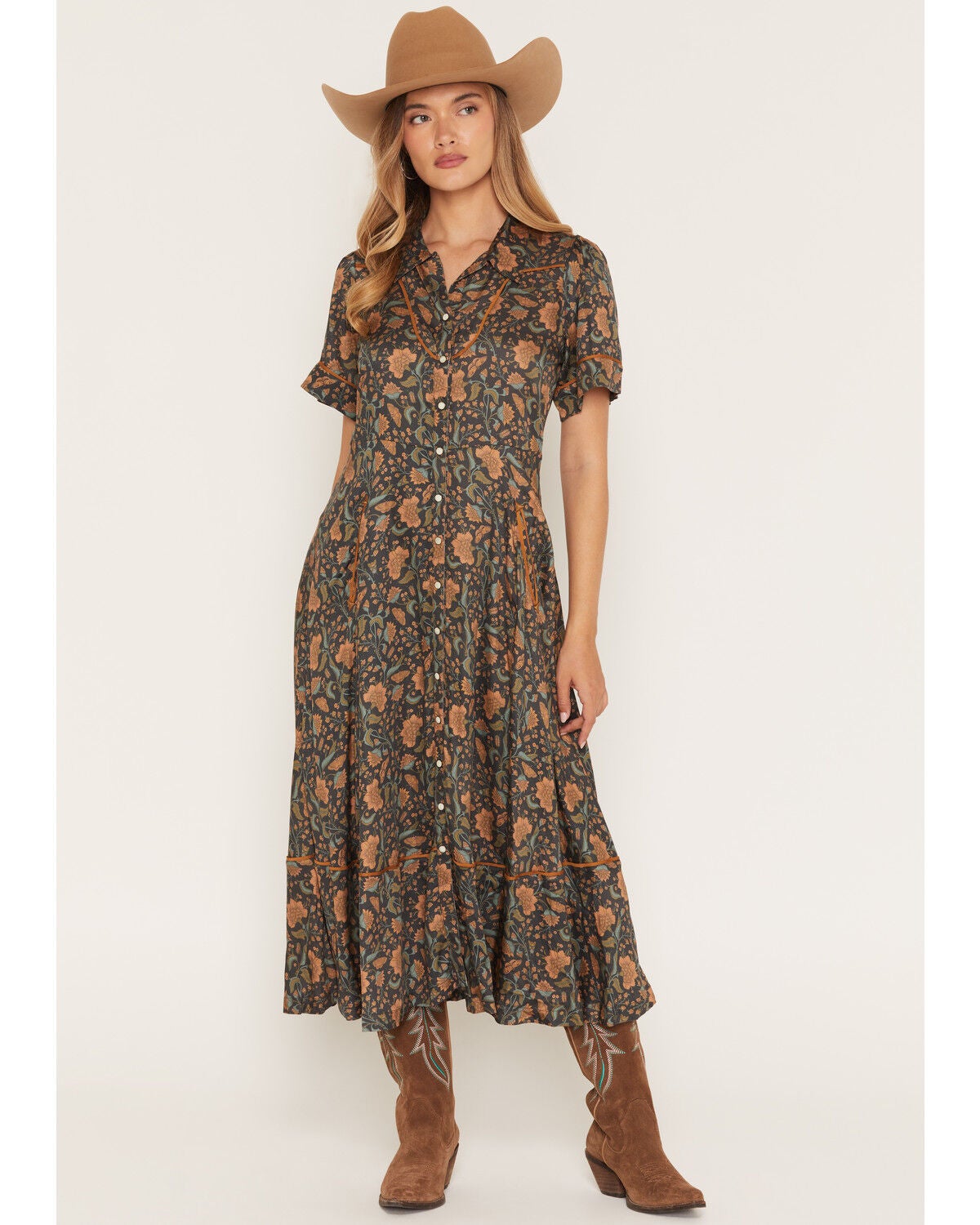 Image #1 - Sendero Provisions Women's La Dahlia Floral Print Short Sleeve Snap Midi Dress, Rust Copper, hi-res