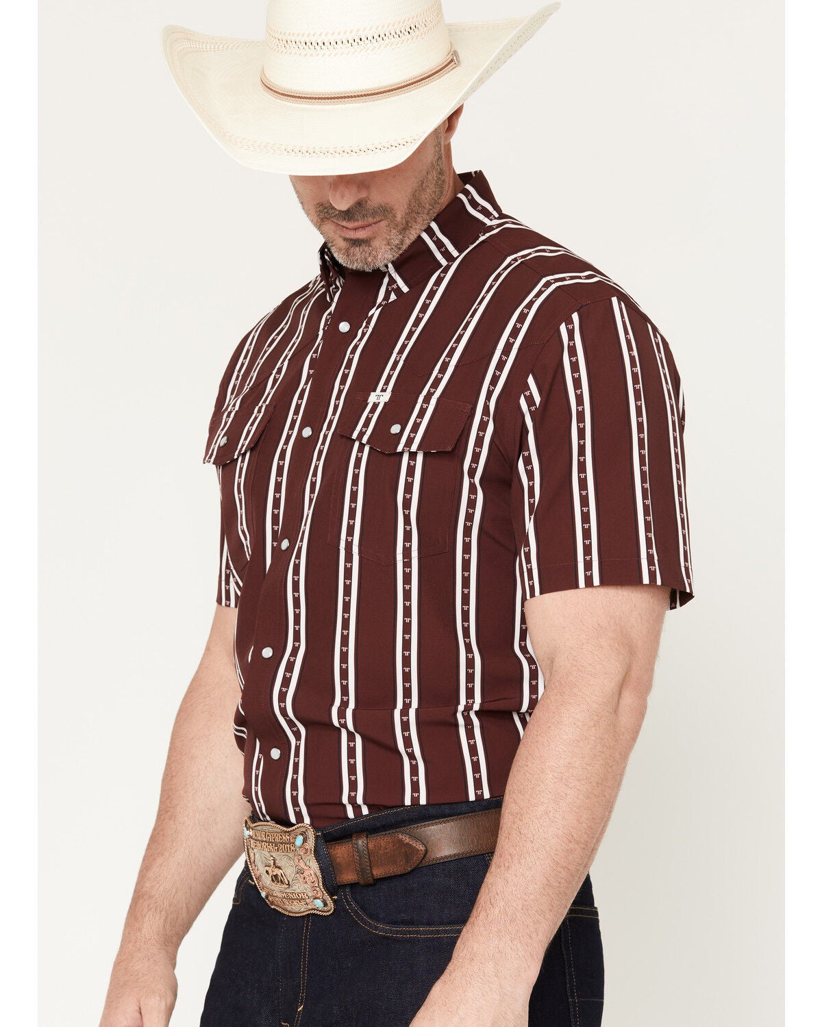 Image #2 - Ferrell Men's Tucker Tek Striped Short Sleeve Pearl Snap Stretch Western Shirt, Burgundy, hi-res