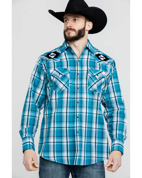 Ely Walker Men's Turquoise Retro Plaid Embroidered Long Sleeve Western Shirt , Turquoise, hi-res