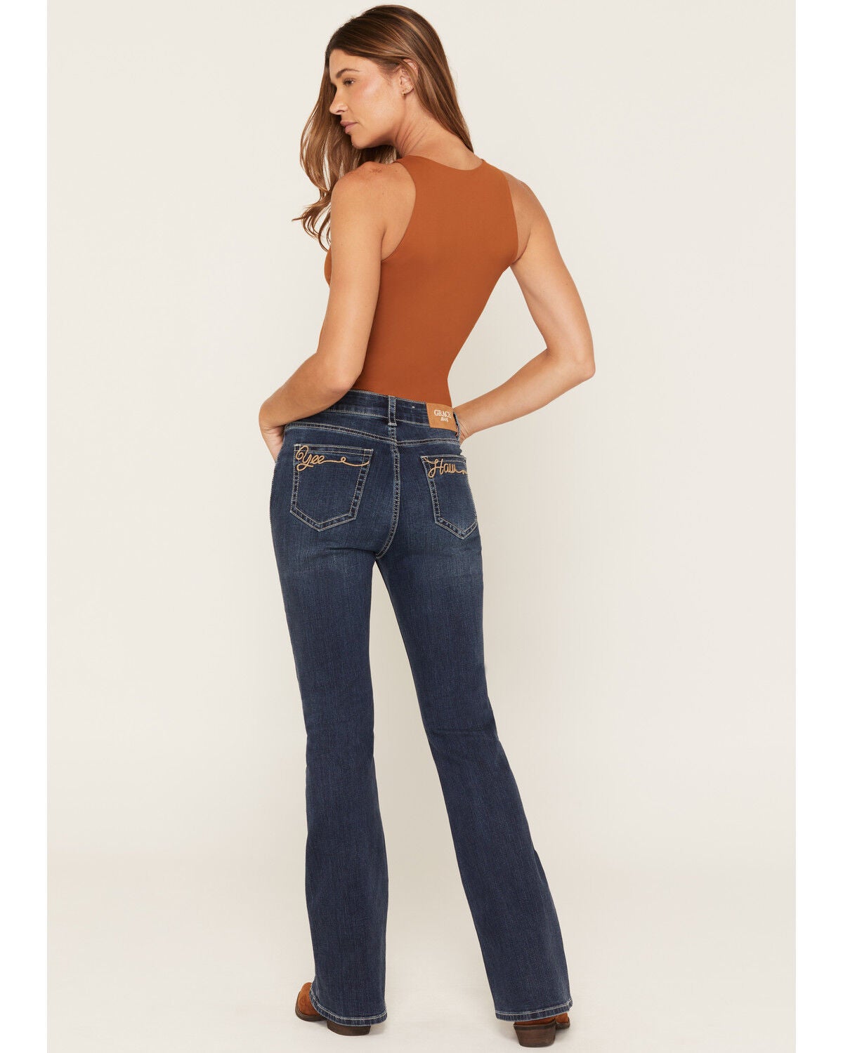Image #1 - Grace in LA Women's Dark Wash Yeehaw Pocket Flare Stretch Denim Jeans, Dark Wash, hi-res