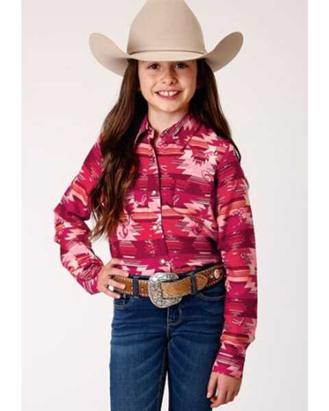 Roper Girls' Icon Southwestern Print Long Sleeve Snap Western Shirt , Red, hi-res