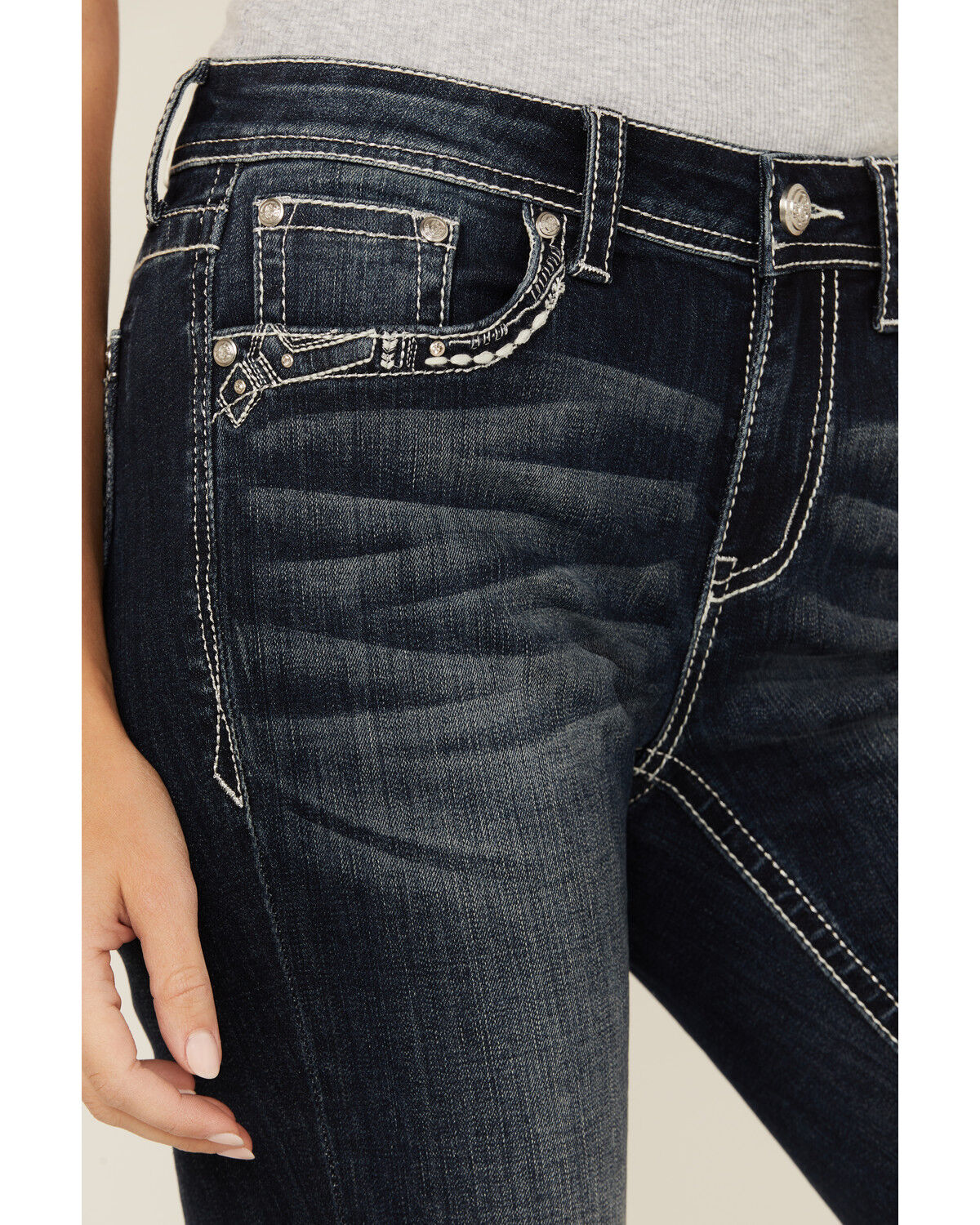 Image #4 - Grace in LA Women's Dark Wash Mid Rise Geo Pocket Bootcut Stretch Denim Jeans, Dark Wash, hi-res