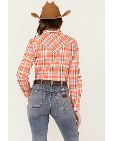 Image #4 - Wrangler Women's Plaid Print Long Sleeve Western Pearl Snap Shirt, Orange, hi-res