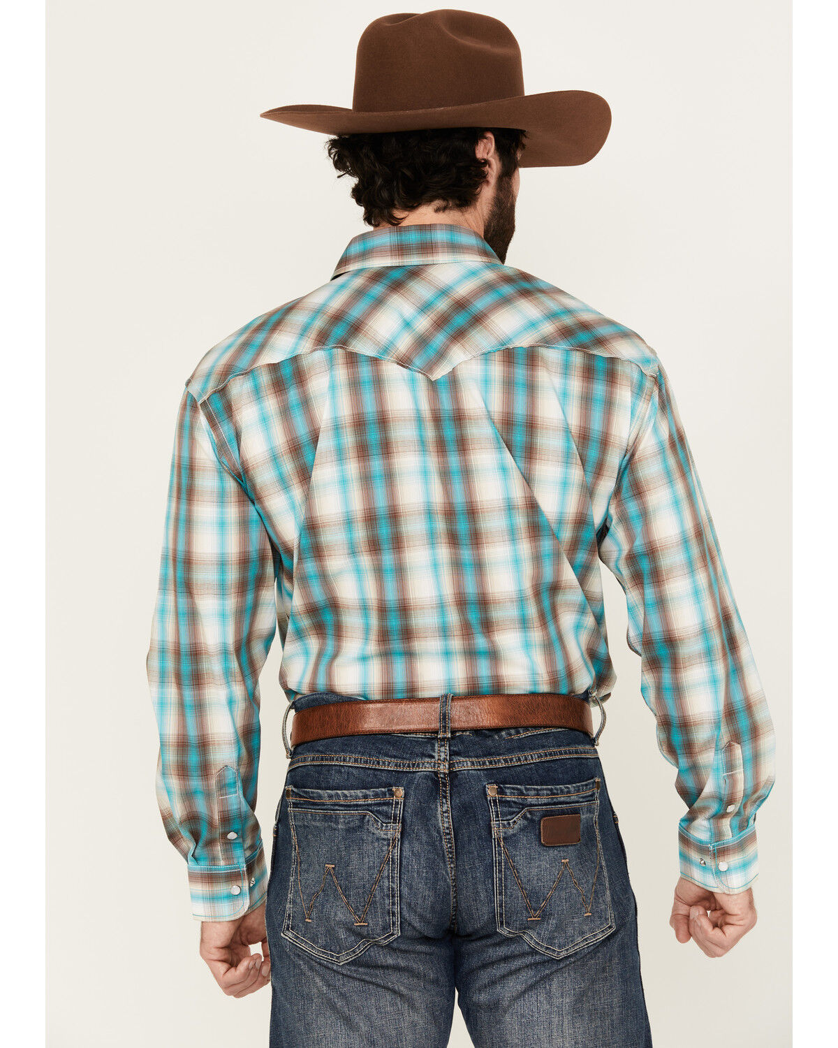 Image #4 - Panhandle Men's Boot Barn Exclusive Plaid Print Long Sleeve Snap Stretch Western Shirt, Turquoise, hi-res