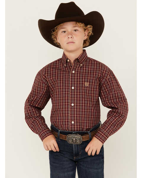 Panhandle Select Boys' Plaid Print Long Sleeve Button-Down Western Shirt , Burgundy, hi-res