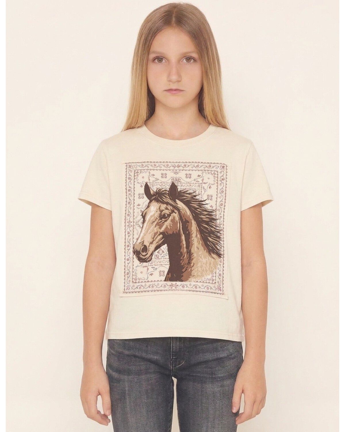 Shyanne Girls' Polk Patched Horse Short Sleeve Graphic Tee, Natural, hi-res
