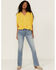 Image #2 - Miss Me Women's Mustard Button Front Embroidered Tassel Trim Top, Yellow, hi-res