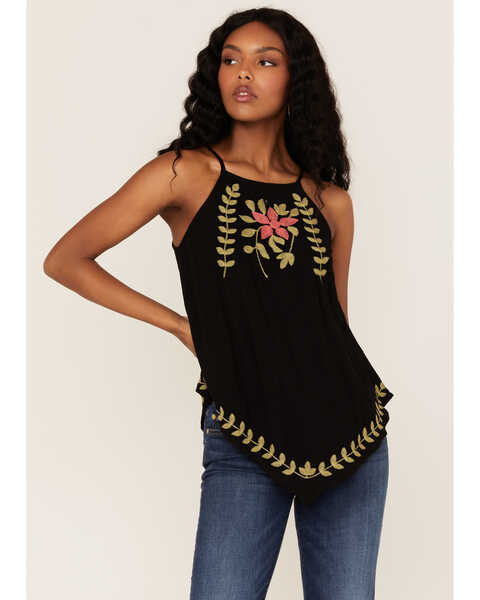 Band of Gypsies Women's Instant Karma Embroidered Floral Tank Top, Black, hi-res