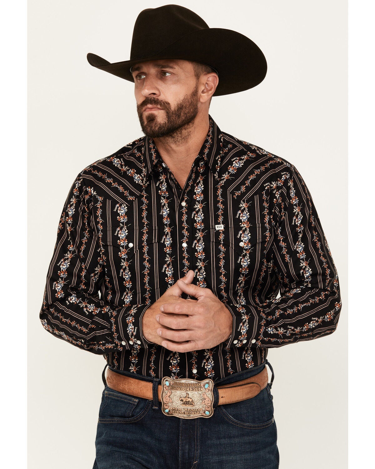 Ely Walker Men's Floral Striped Long Sleeve Pearl Snap Western Shirt, Black, hi-res