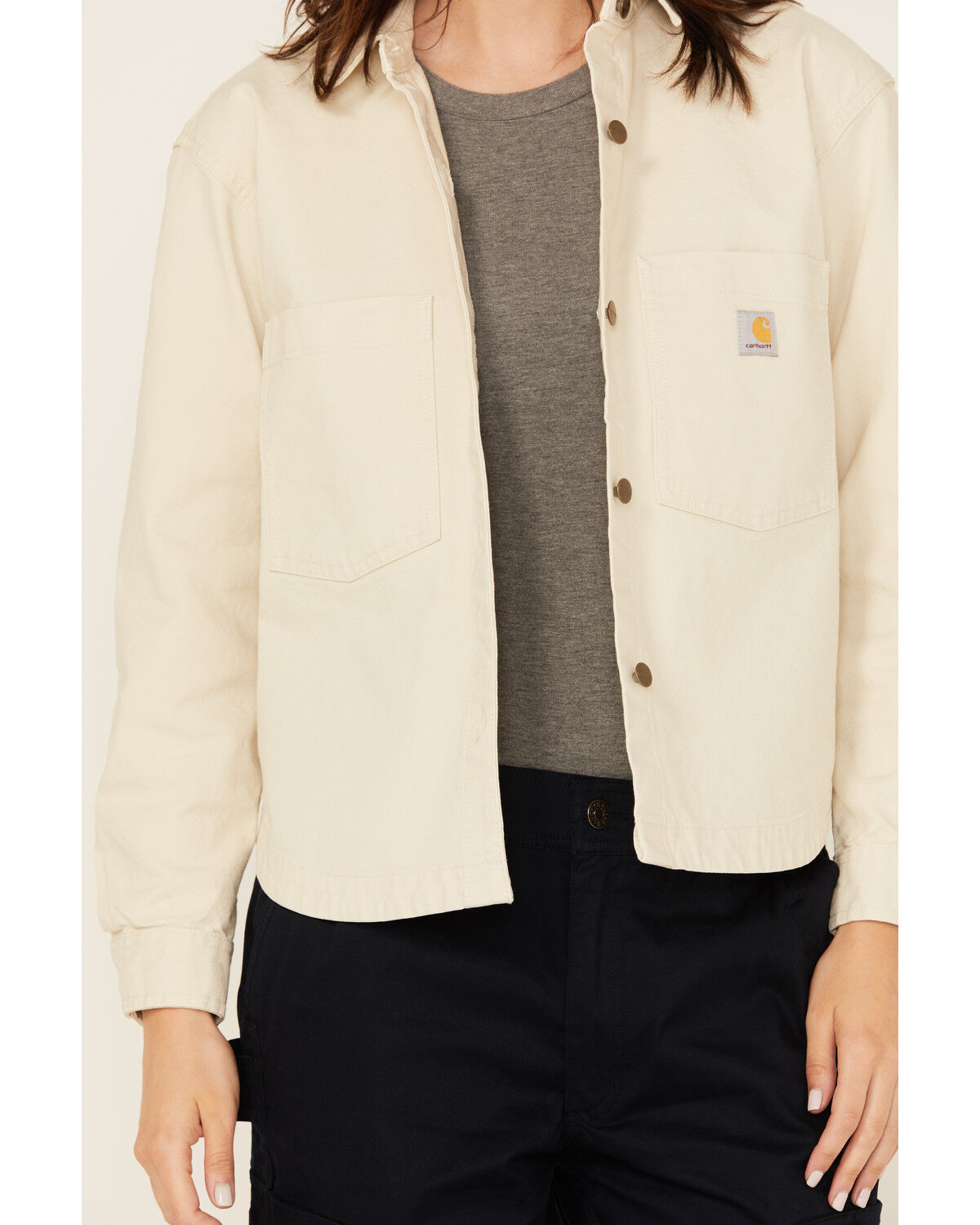 Image #3 - Carhartt Women's Rugged Flex® Loose Fit Heavyweight Duck Long Sleeve Button-Down Overshirt, Oatmeal, hi-res