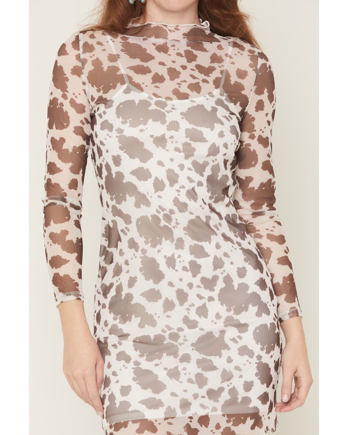 Image #3 - Rock & Roll Denim Women's Cow Print Long Sleeve Mesh Mini Dress, Brown, hi-res