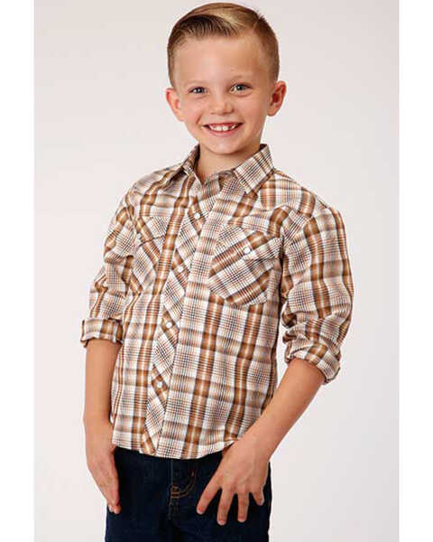 Roper Boys' Classic Brown Plaid Long Sleeve Western Shirt , Brown, hi-res