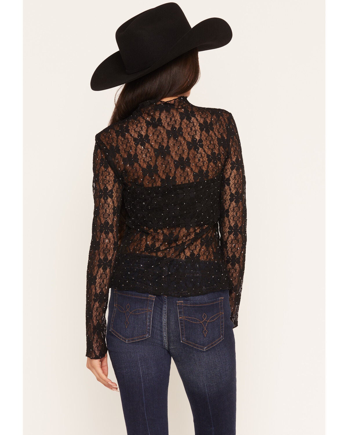 Image #4 - Miss Me Women's Rhinestone Lace Long Sleeve Top, Black, hi-res